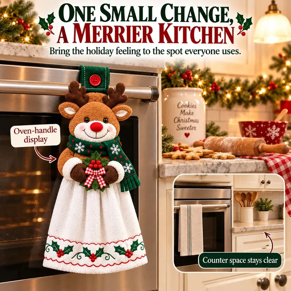Reindeer hanging towel adding Christmas detail to an oven while keeping the countertop clear