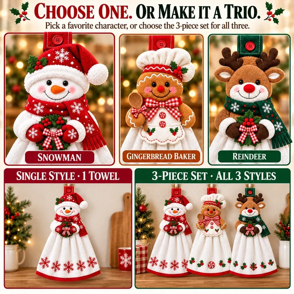Snowman, Gingerbread Baker and Reindeer styles, with single towel and three-piece set options