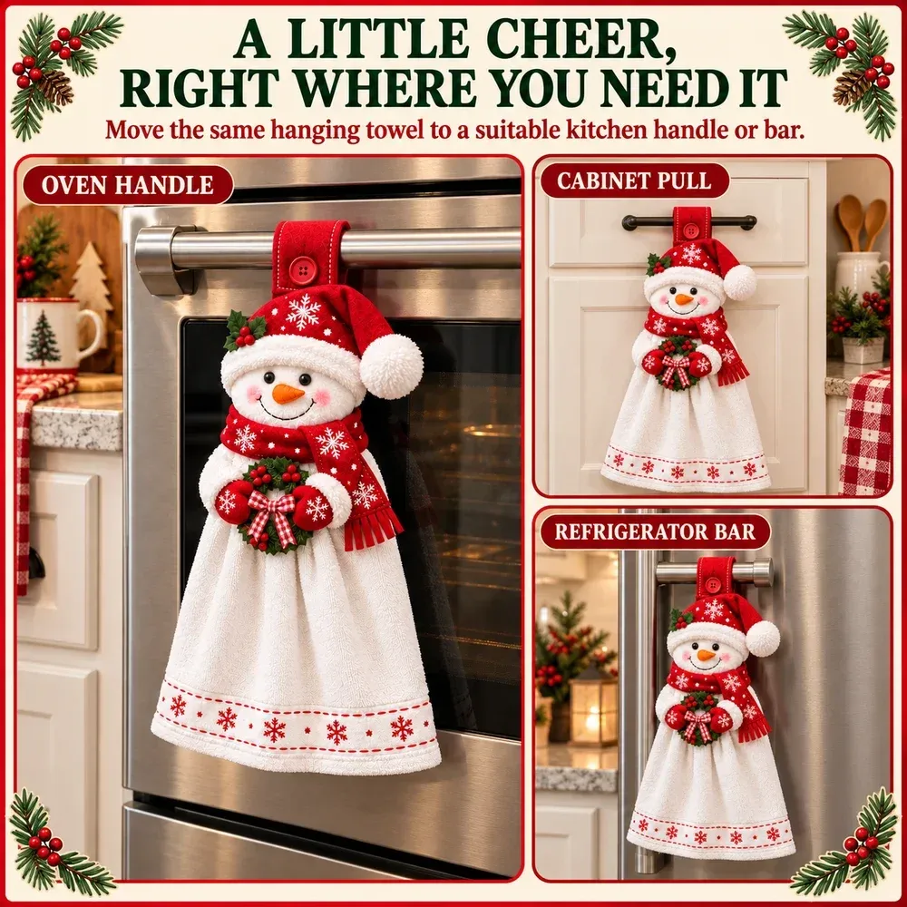 Snowman towel shown on an oven handle, cabinet pull, and refrigerator bar