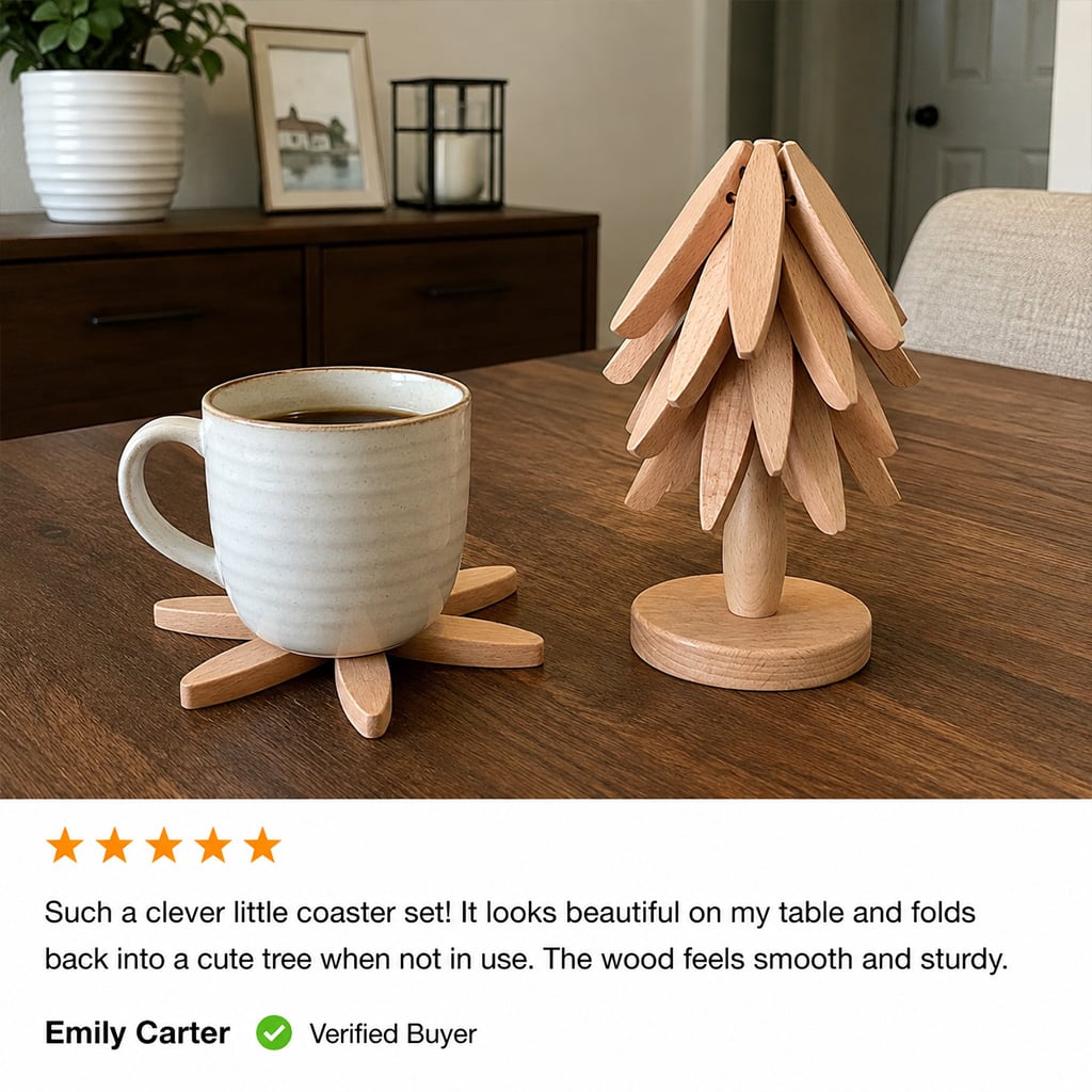 Customer photo using the natural wood Christmas tree coaster set