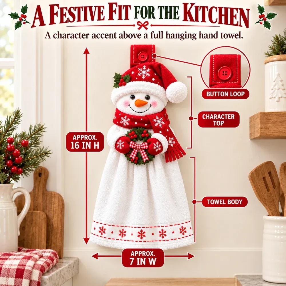 Snowman towel size diagram showing approximately 16 inches high and 7 inches wide