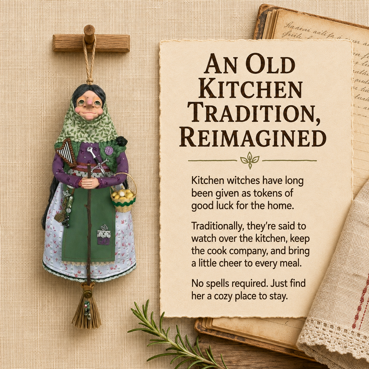 Kitchen witch keepsake inspired by traditional folklore