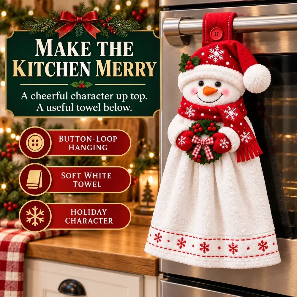 Christmas Hanging Hand Towel snowman style with button-loop hanging and festive character details