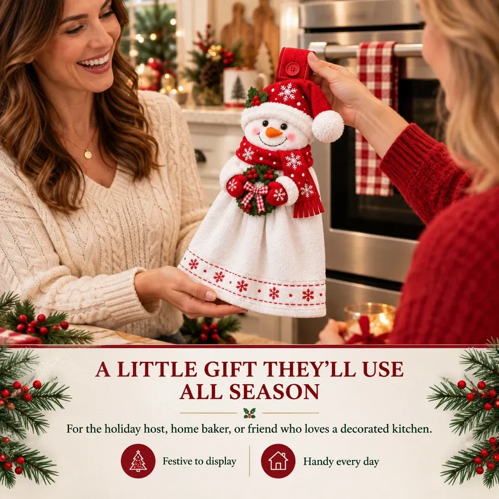Snowman hanging towel presented as a Christmas kitchen gift