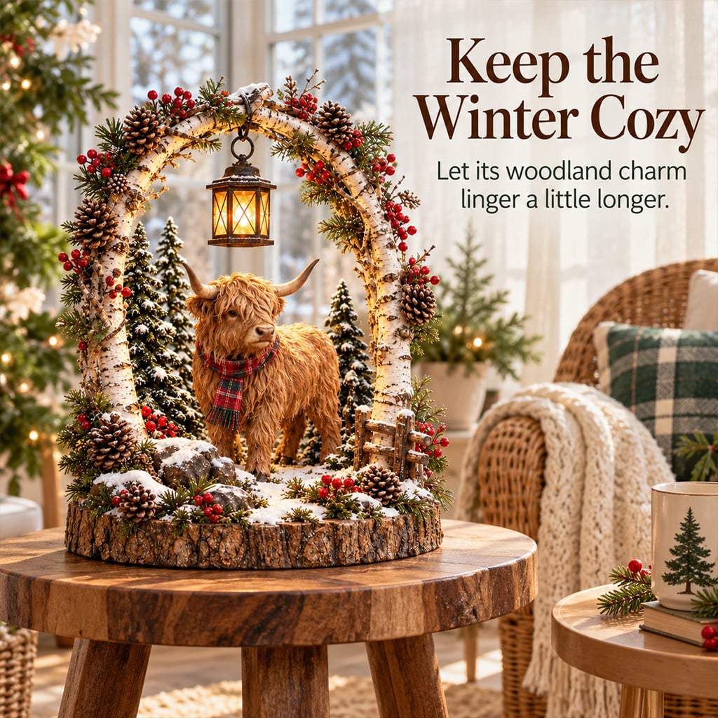 Highland cow lantern in a cozy winter display