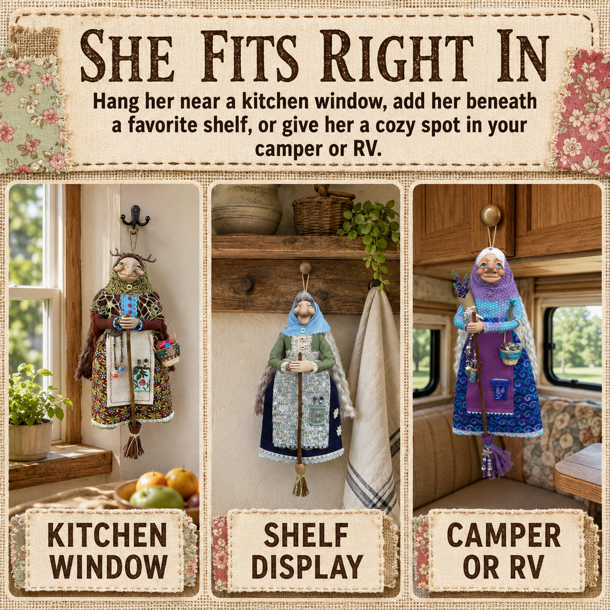 Kitchen witch decorating different cozy spaces