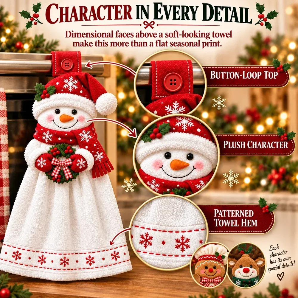 Close views of the snowman button loop, dimensional character top, and patterned towel hem