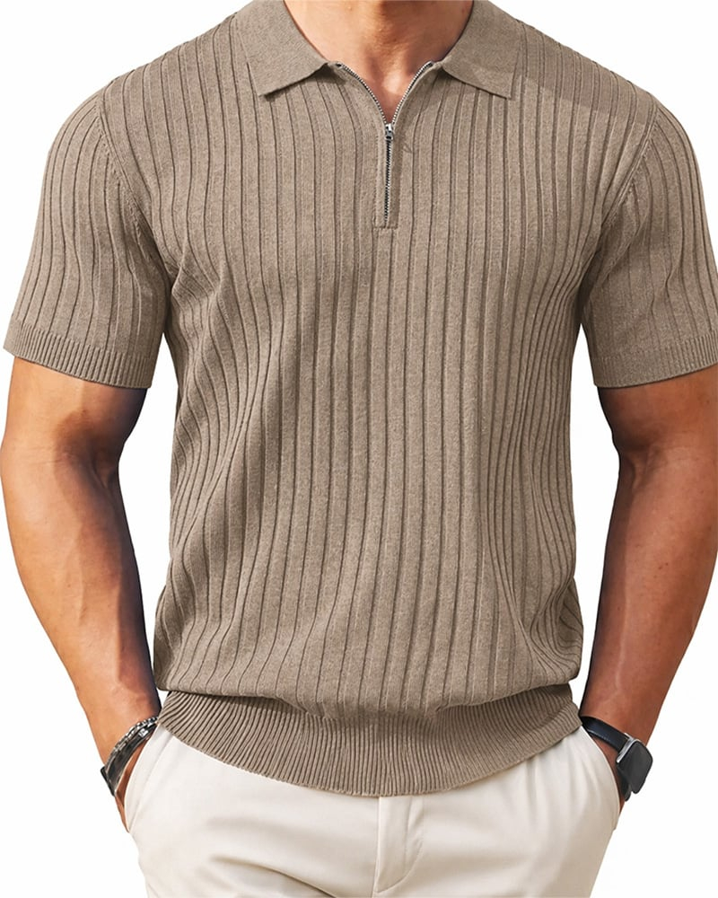 Men's Zipper Short Sleeve Ribbed Knit Polo T Shirts Golf Shirts