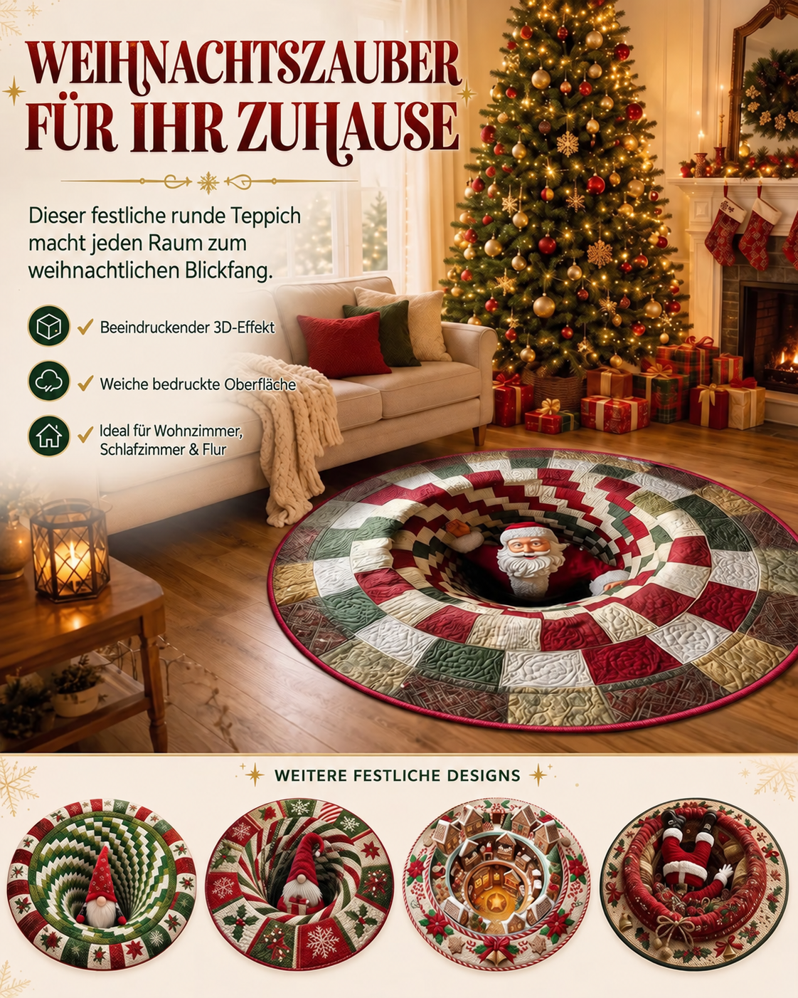 3D-Weihnachtsteppich als festlicher Blickfang im Wohnzimmer