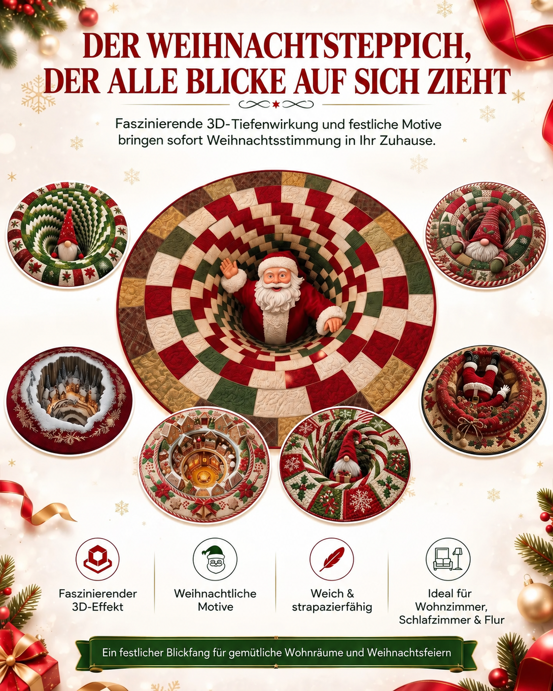 Runder 3D-Weihnachtsteppich mit verschiedenen Weihnachtsmotiven