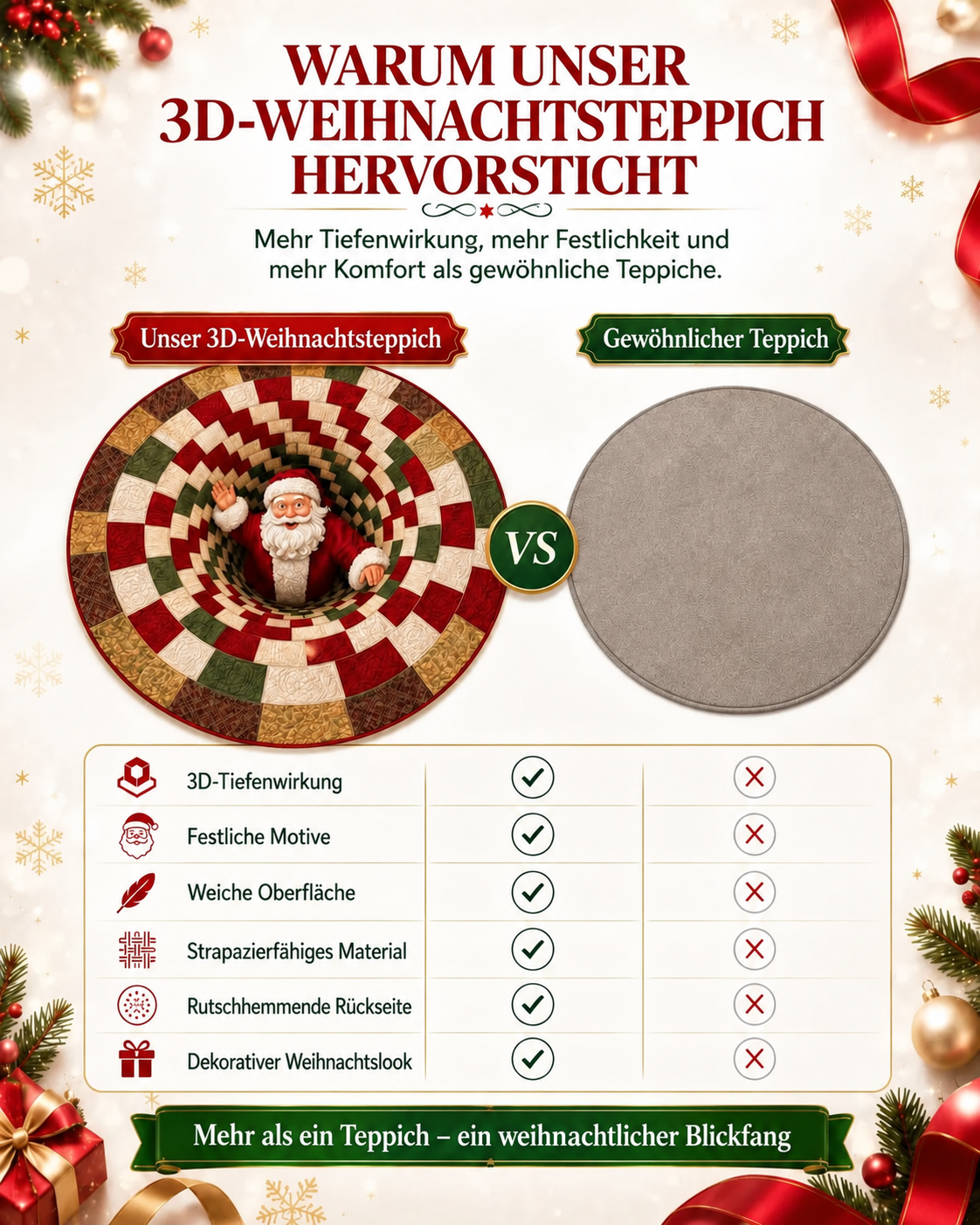 Vergleich des 3D-Weihnachtsteppichs mit einem gewöhnlichen Teppich