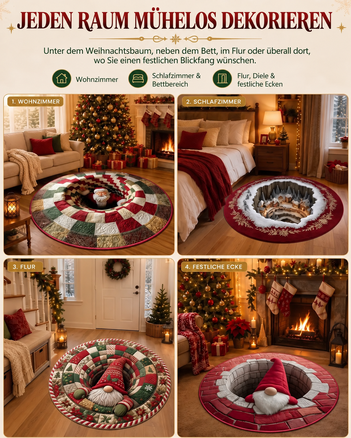 3D-Weihnachtsteppich in Wohnzimmer, Schlafzimmer, Flur und festlicher Ecke
