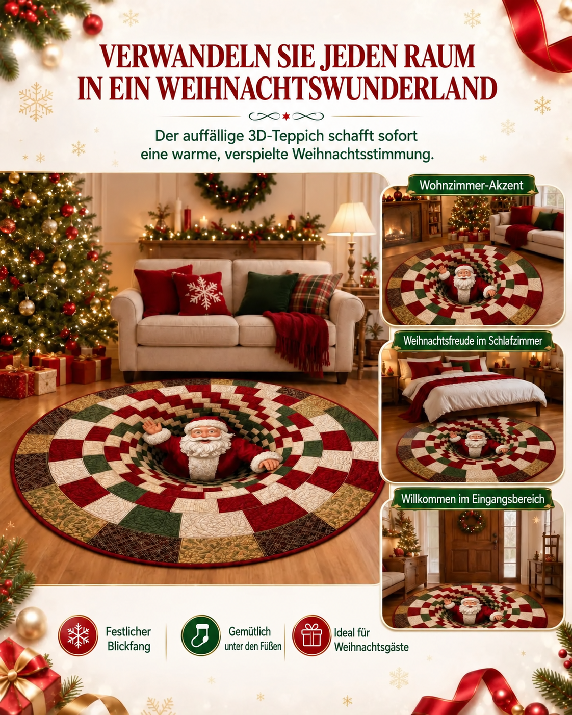 Festlicher 3D-Weihnachtsteppich in verschiedenen Wohnbereichen