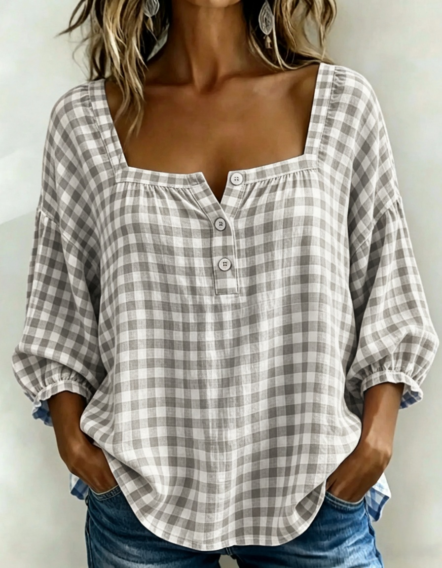 🌸Today 49% OFF🌸Women’s Cotton Linen Gingham Square-Neck Short-Sleeve Top