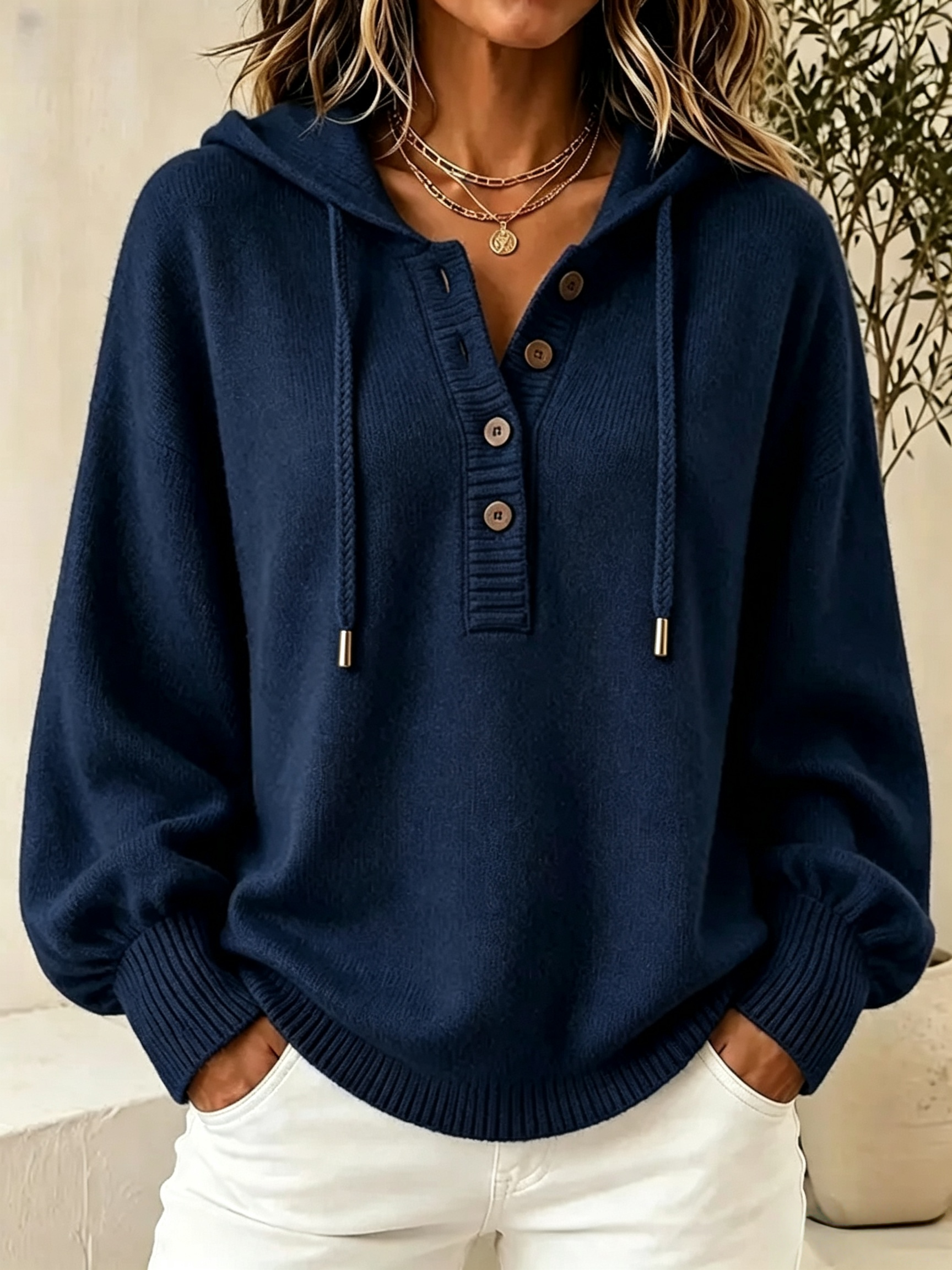 Damen-Strickpullover mit Kapuze in Dunkelblau