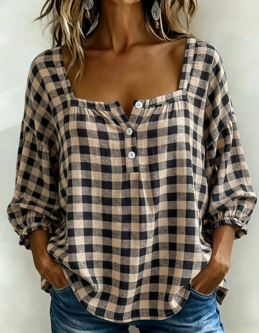 🌸Today 49% OFF🌸Women’s Cotton Linen Gingham Square-Neck Short-Sleeve Top