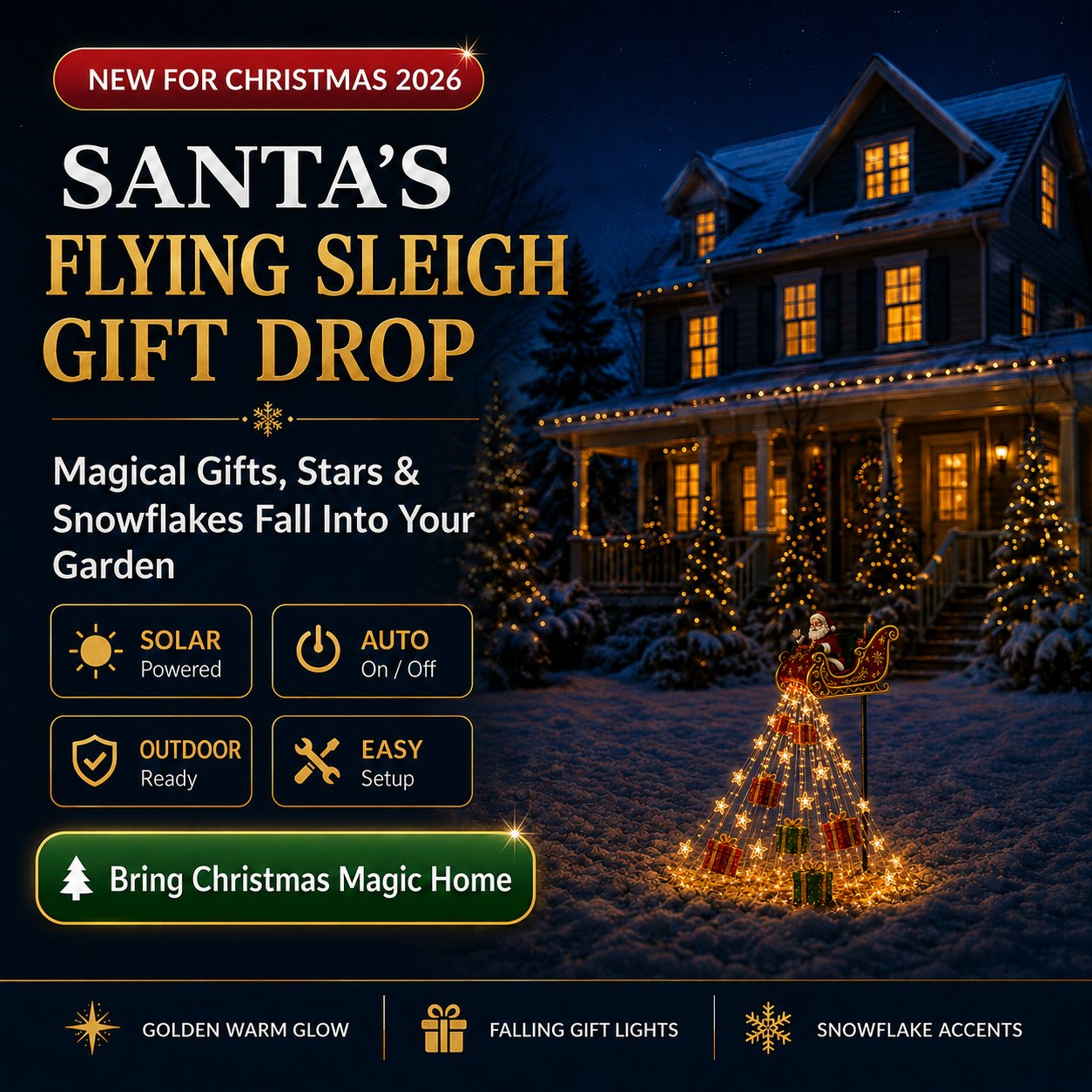 🎅✨ New for 2026: Cascading lights "Santa on his flying sleigh" – Solar Christmas lights for the garden