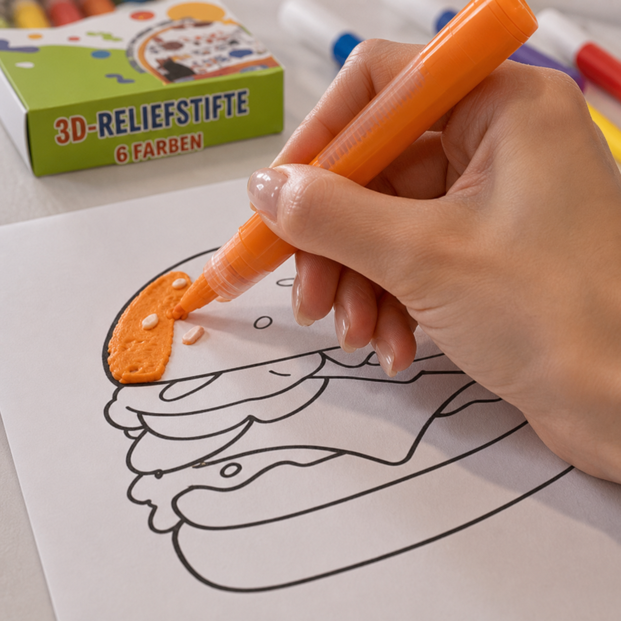 3D-Reliefstift beim direkten Auftragen der Farbe