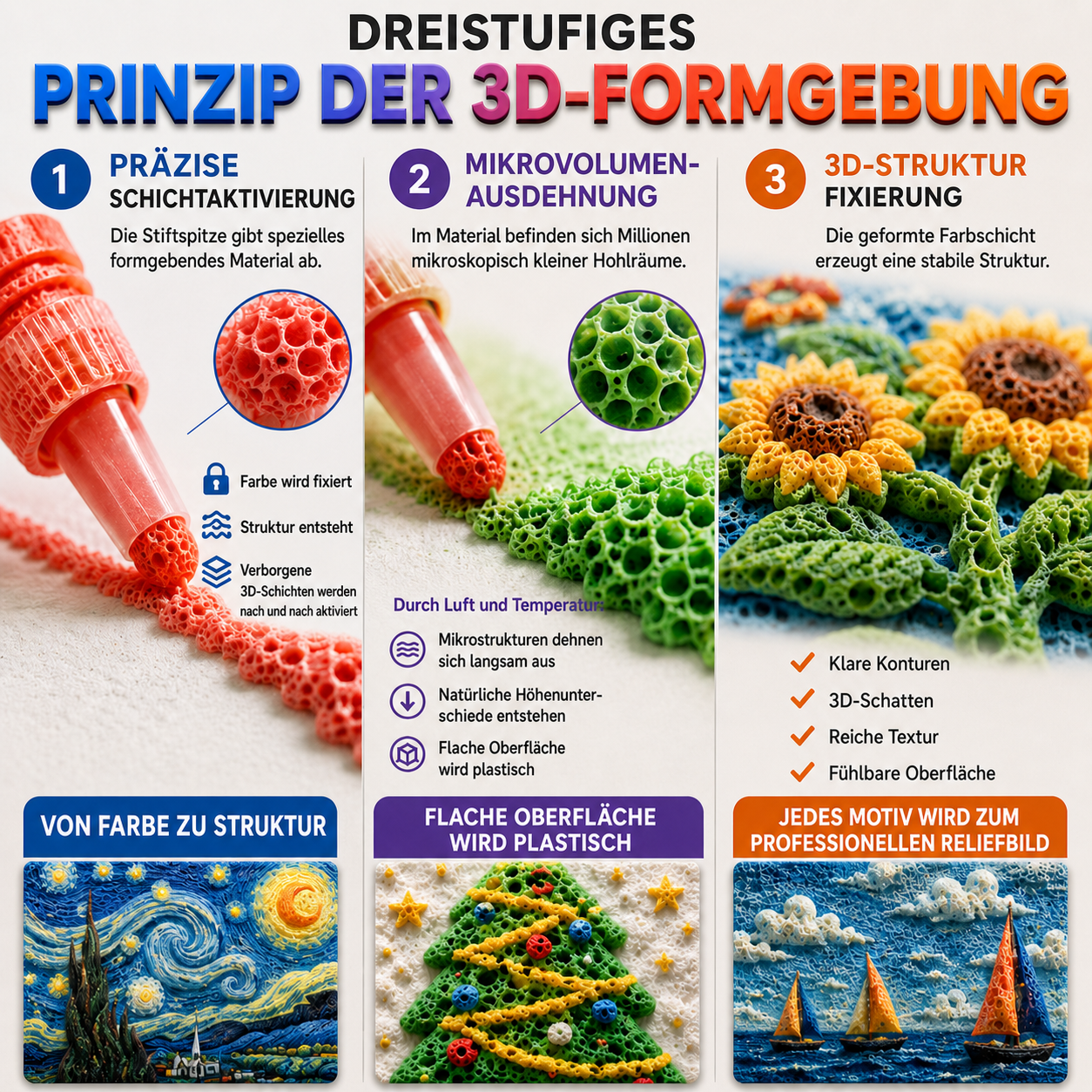 Vollständiges dreistufiges Prinzip der 3D-Formgebung auf Deutsch
