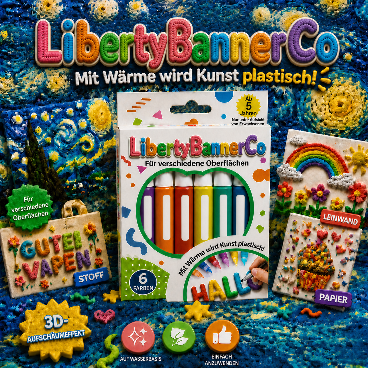 LibertyBannerCo 3D-Reliefstifte mit sechs Farben und deutschen Anwendungshinweisen