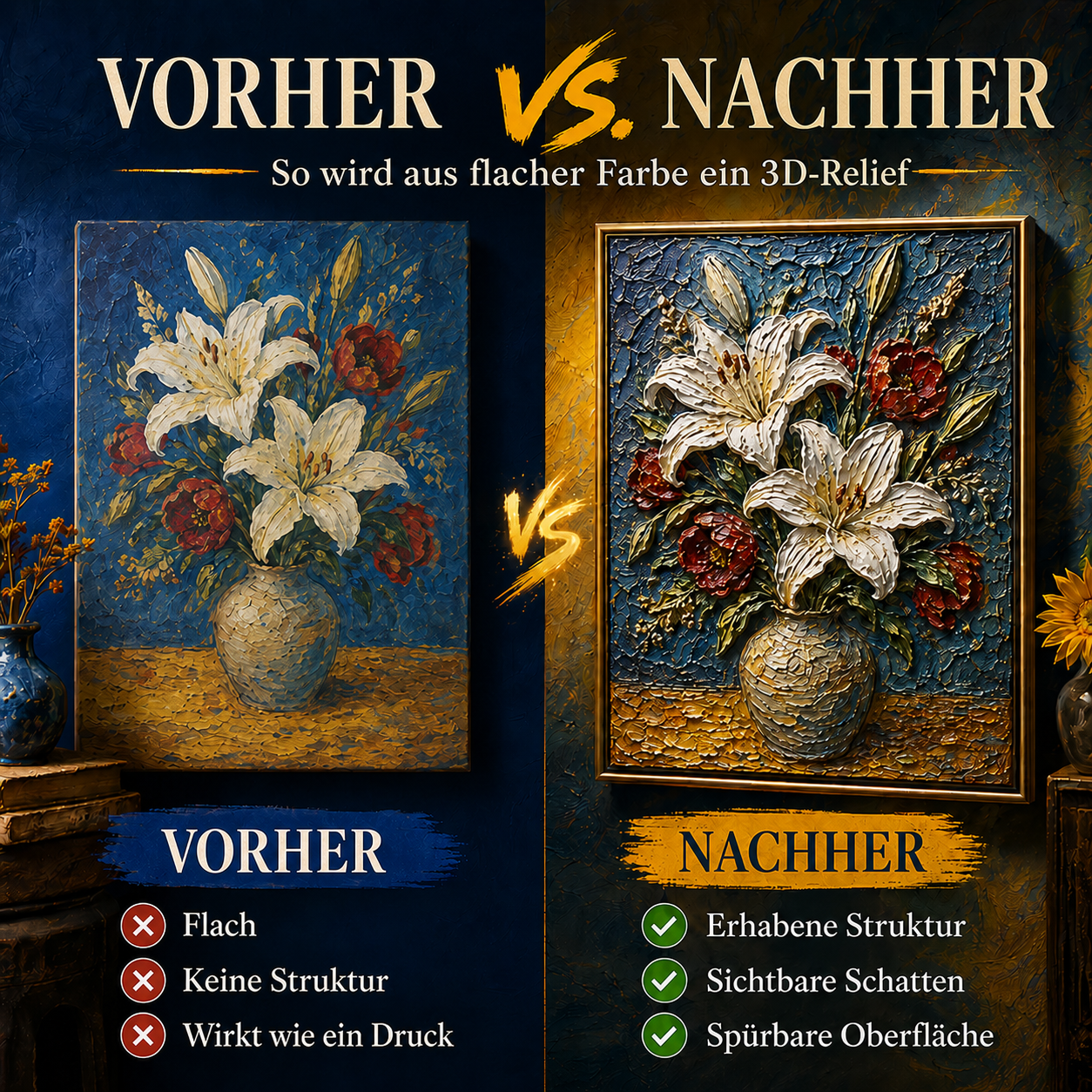 Vorher-Nachher-Vergleich einer flachen und plastischen Blumenzeichnung
