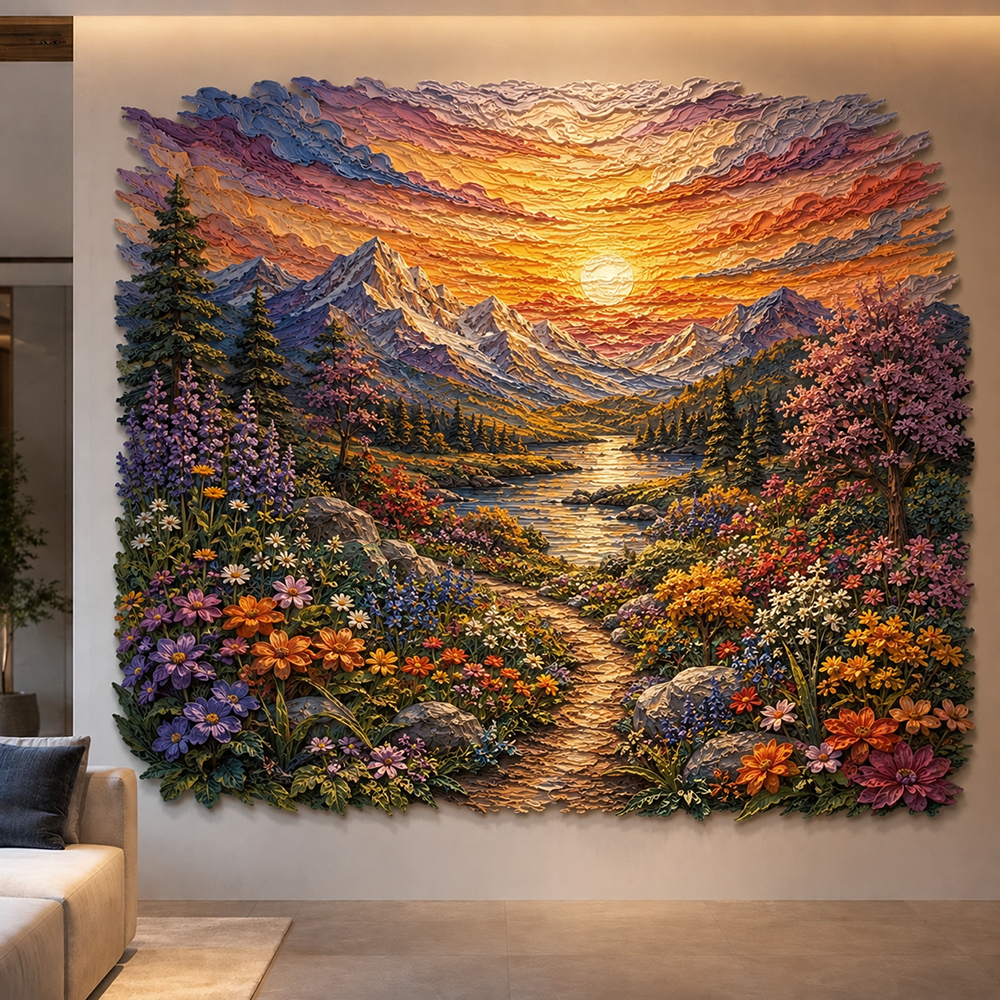 Großes Wandbild mit plastischer Landschaftsstruktur