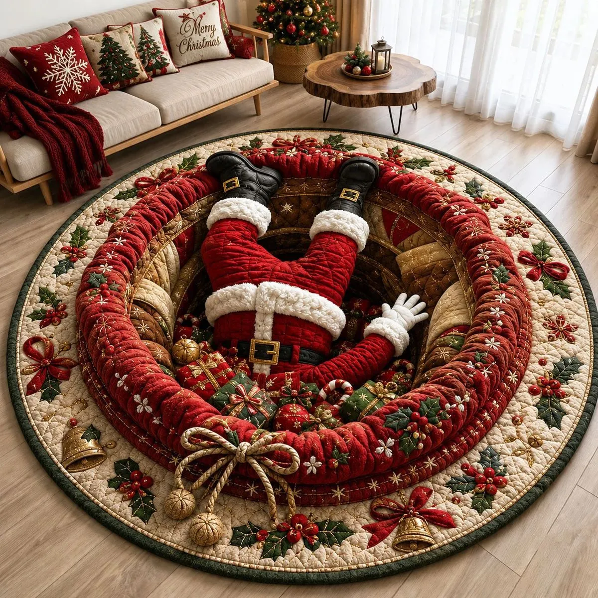 Runder 3D-Weihnachtsteppich – Motiv Weihnachtsmann-Falle
