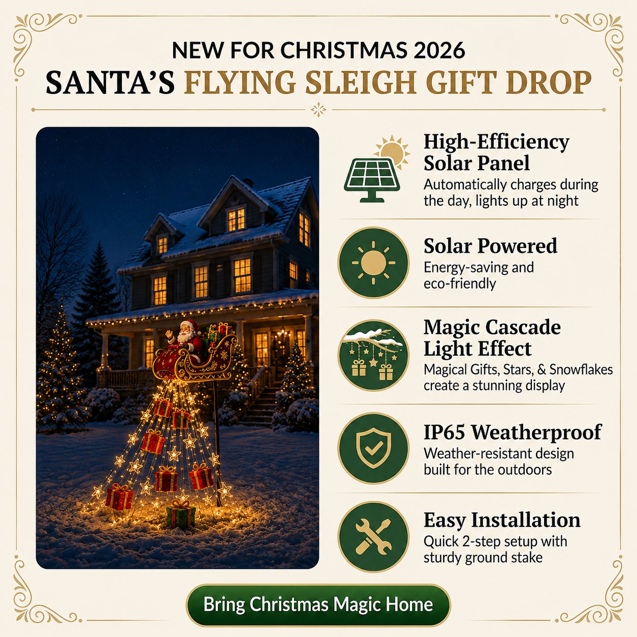 🎅✨ New for 2026: Cascading lights "Santa on his flying sleigh" – Solar Christmas lights for the garden