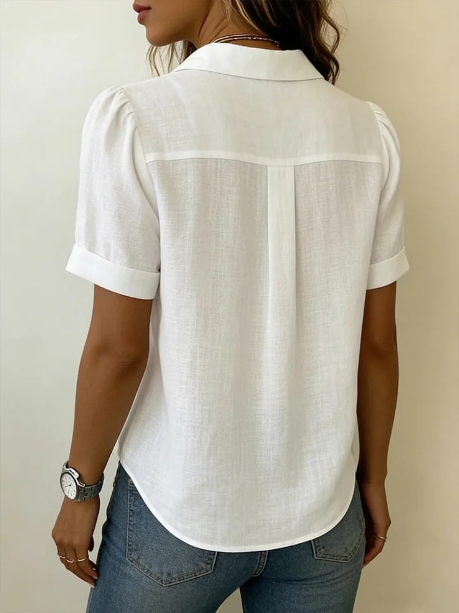Clearance Sale🔥 Women's Lapel Short-sleeved Casual Loose Pleated Cotton And Linen Shirt
