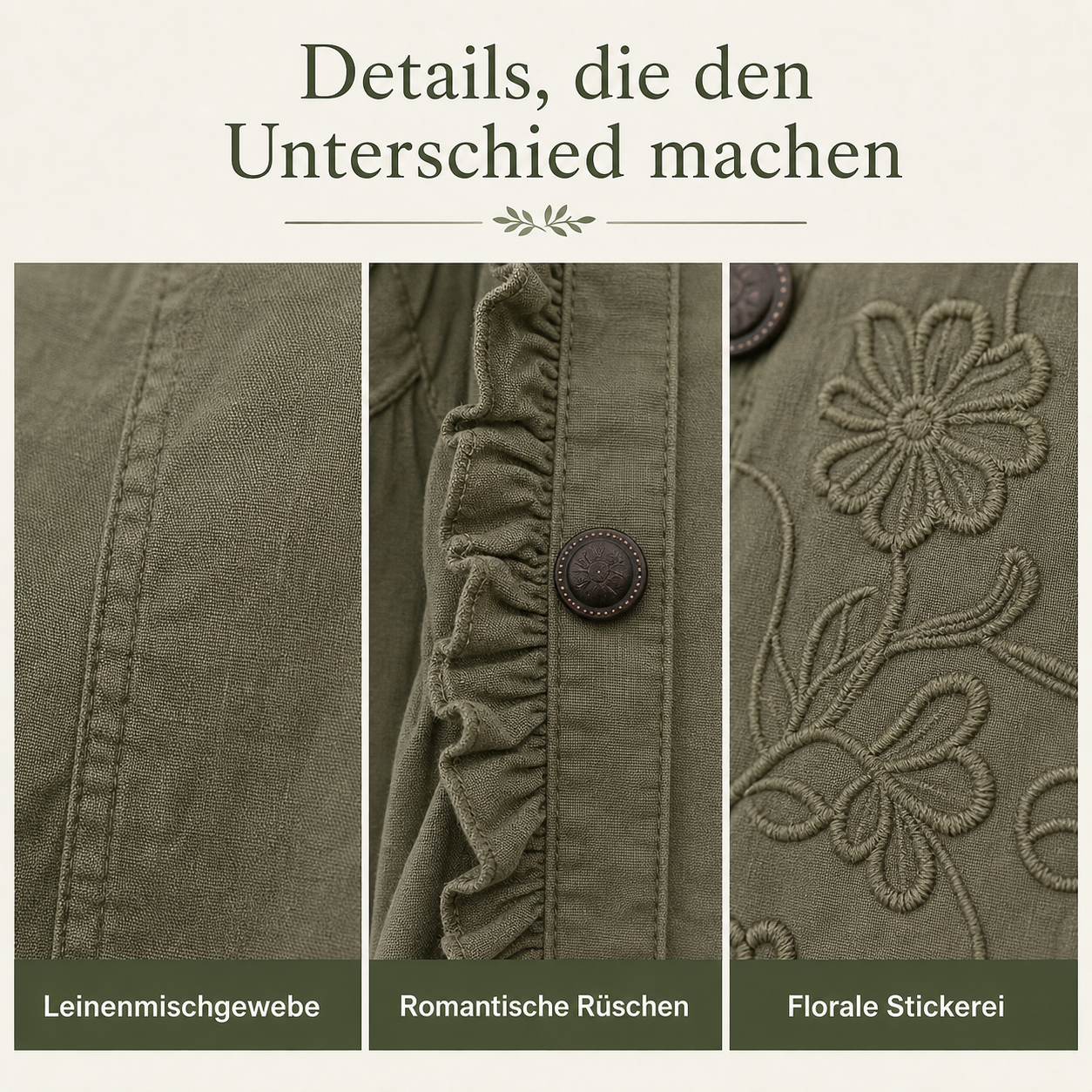 Detailansicht von Leinenmischgewebe, romantischen Rüschen und floraler Stickerei