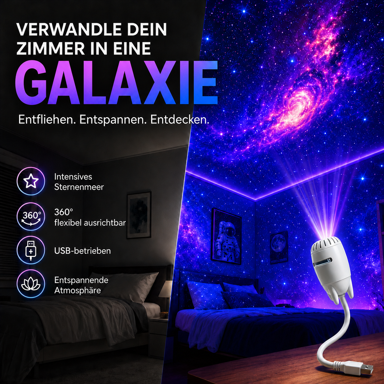 Weißer Sternenprojektor verwandelt das Schlafzimmer in eine Galaxie