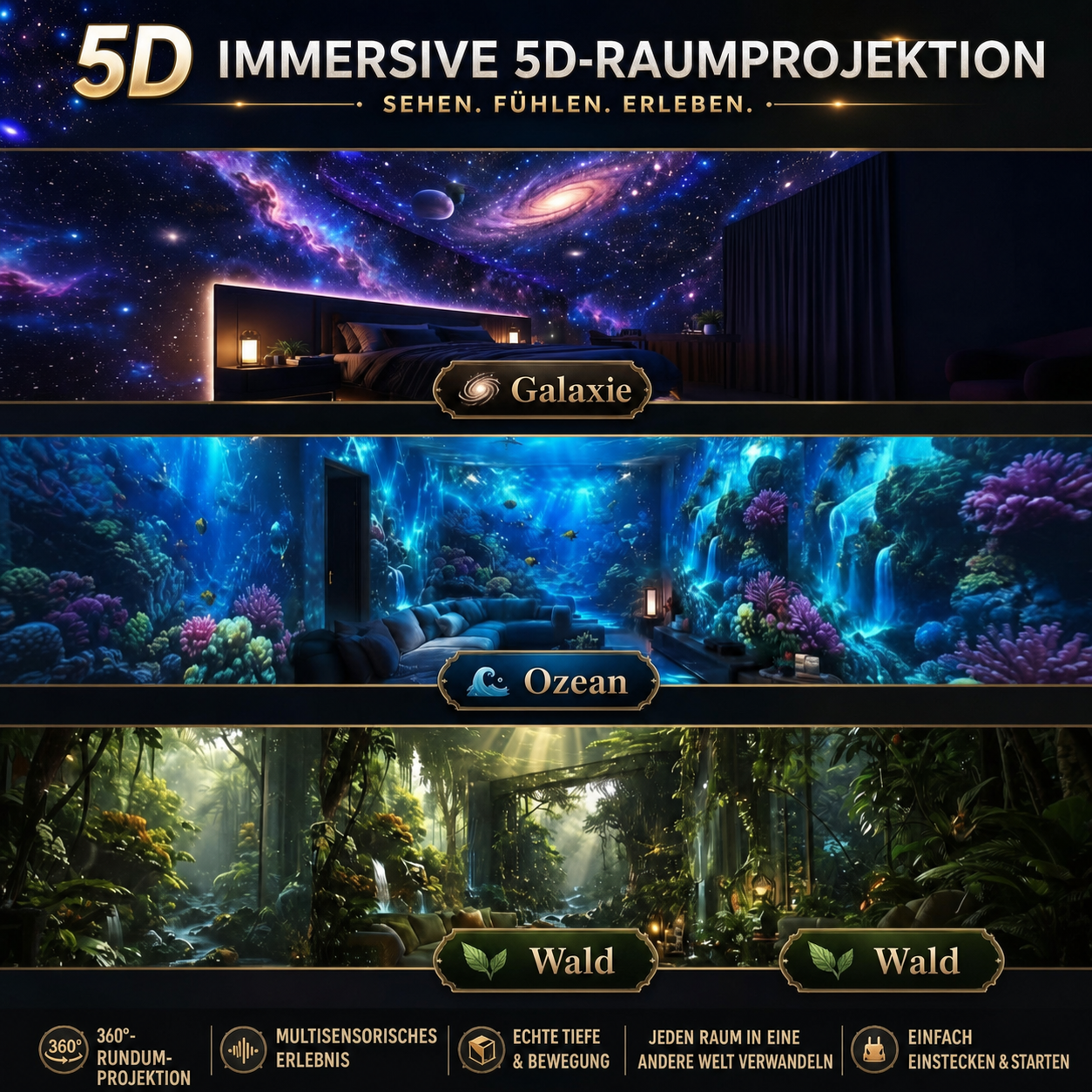 Galaxie-, Ozean- und Waldmotive als immersive 5D-Raumprojektion