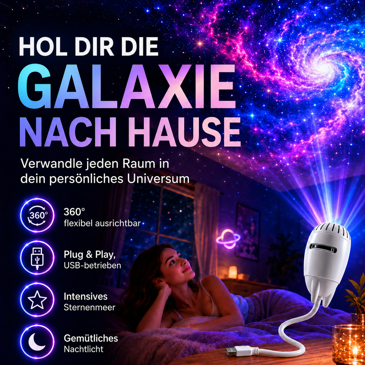 Weißer USB-Sternenprojektor bringt die Galaxie nach Hause