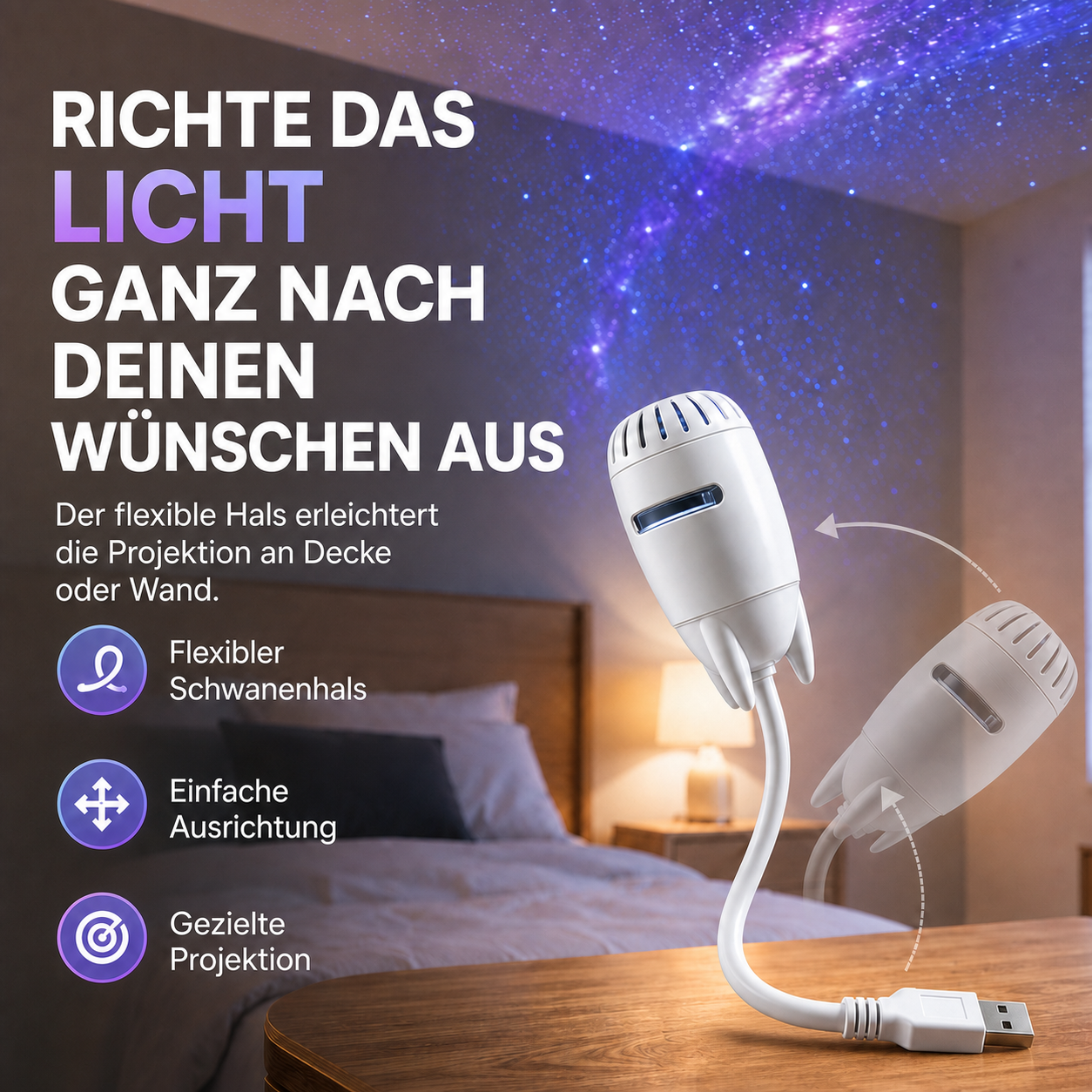 Flexibler weißer Schwanenhals-Projektor mit gezielter Ausrichtung