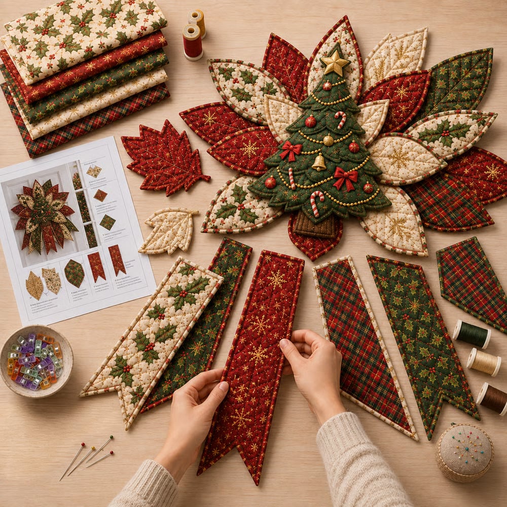 Stoffteile und Zubehör des Weihnachts-Türhänger-Nähsets auf einem Arbeitstisch