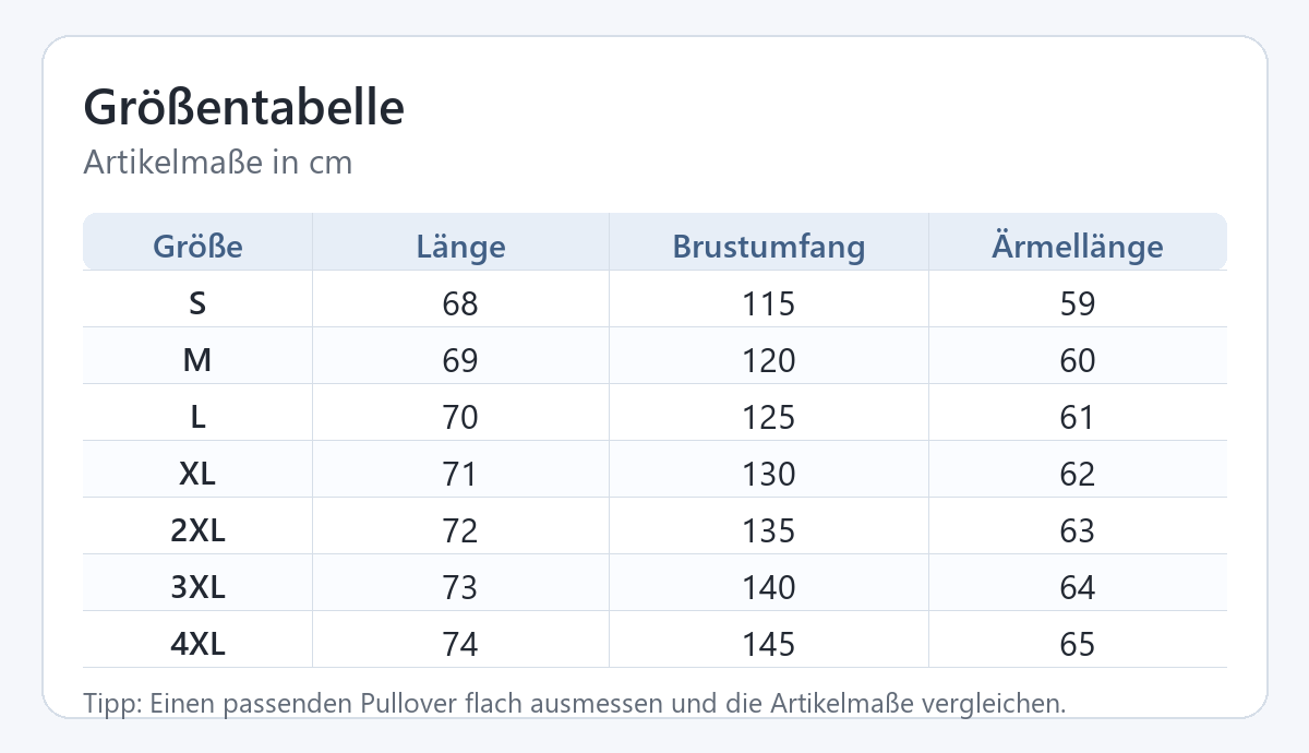 Größentabelle des Damen-Pullovers in Zentimetern für S bis 4XL