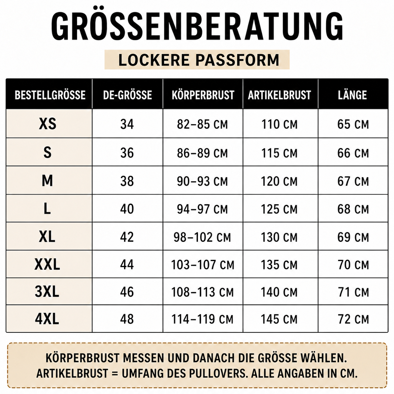 Deutsche Größenberatung für den Damen-Strickpullover mit Körperbrust, Artikelbrust und Länge