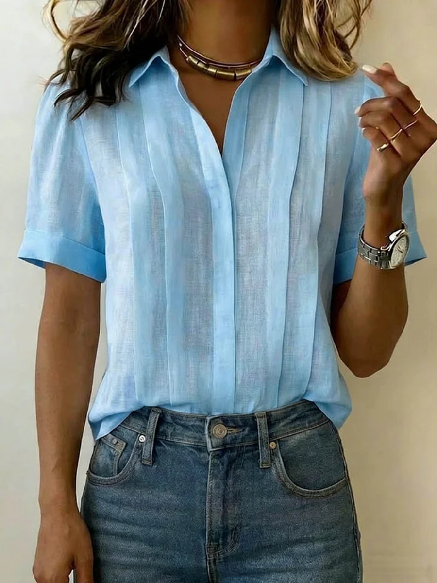 Clearance Sale🔥 Women's Lapel Short-sleeved Casual Loose Pleated Cotton And Linen Shirt