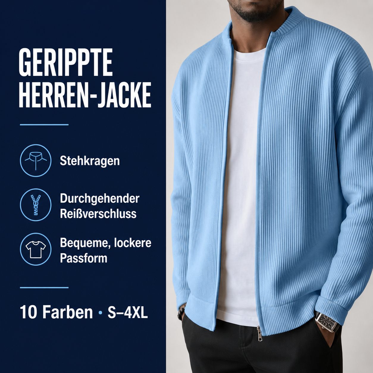 Produktvorteile der gerippten Herren-Jacke mit Stehkragen