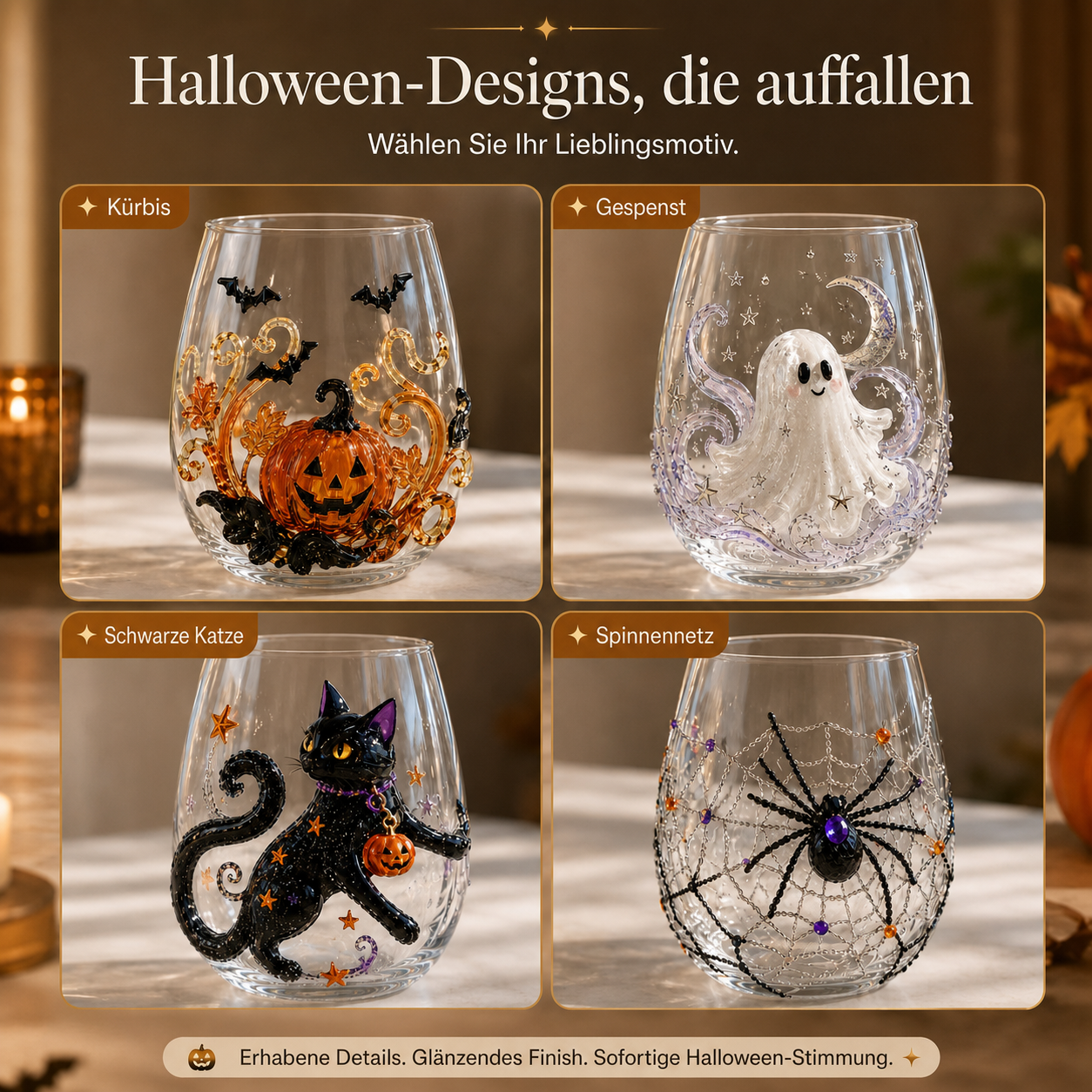 Deutsche Übersicht der Halloween-Glas-Motive