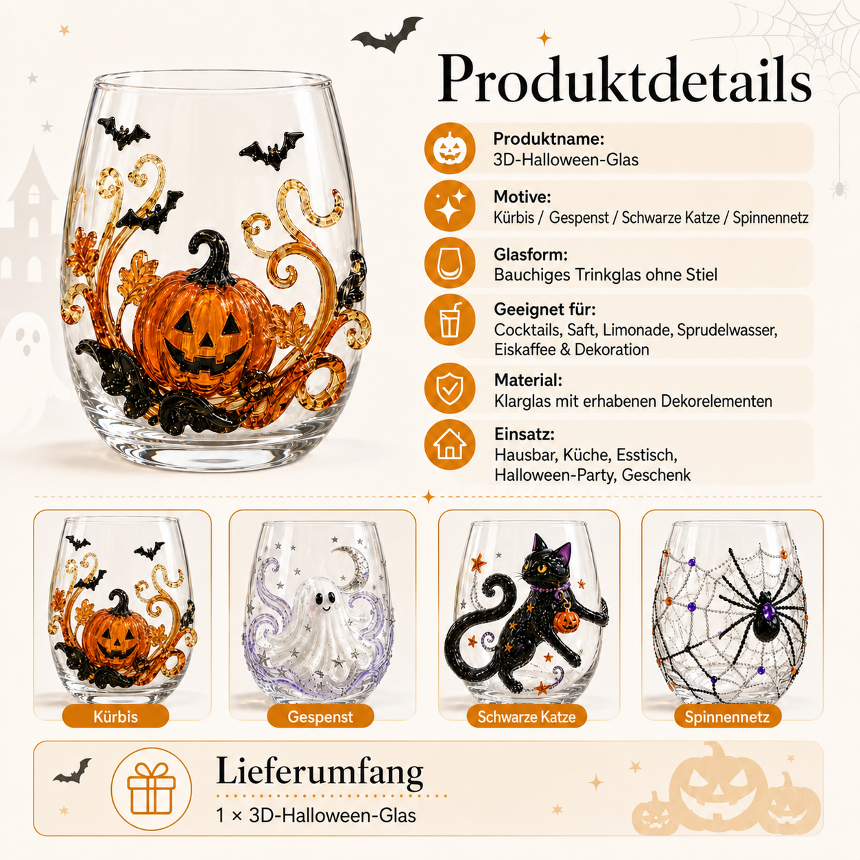 Deutsche Produktdetails des 3D-Halloween-Glases