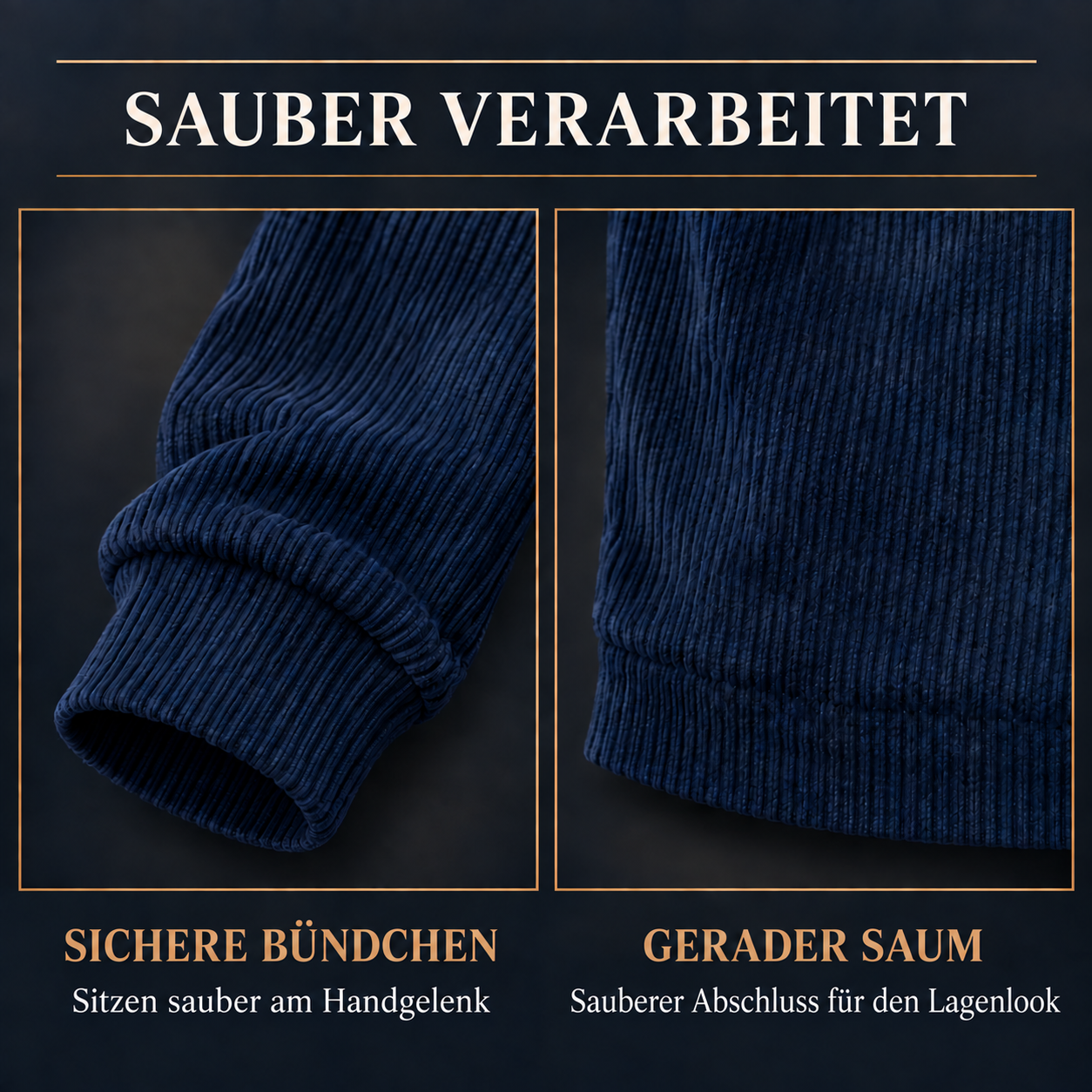 Bündchen und Saum des marineblauen Herrenpullovers im Detail