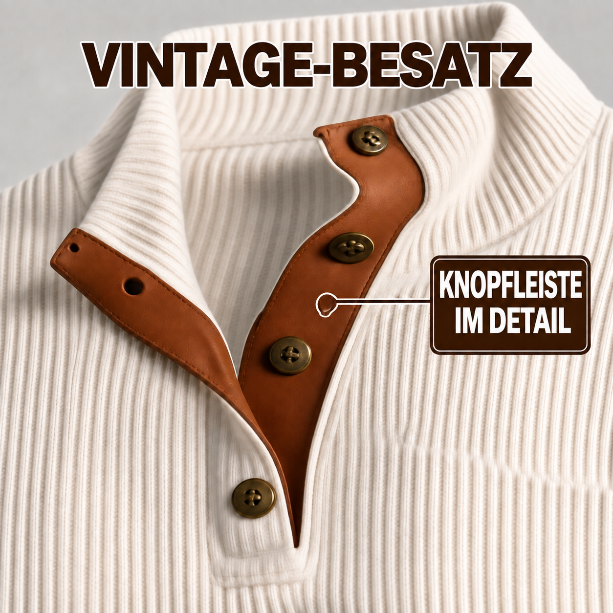 Knopfleiste und Vintage-Besatz des cremeweißen Herrenpullovers
