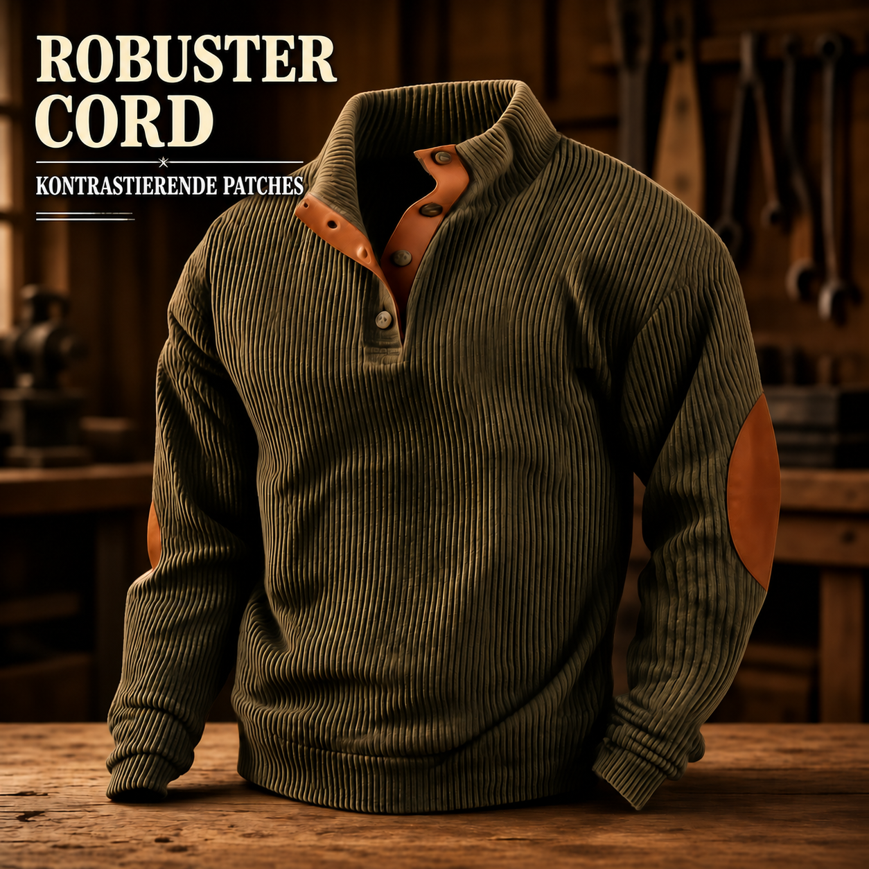 Olivgrüner Herrenpullover mit robuster Cordstruktur und kontrastierenden Patches