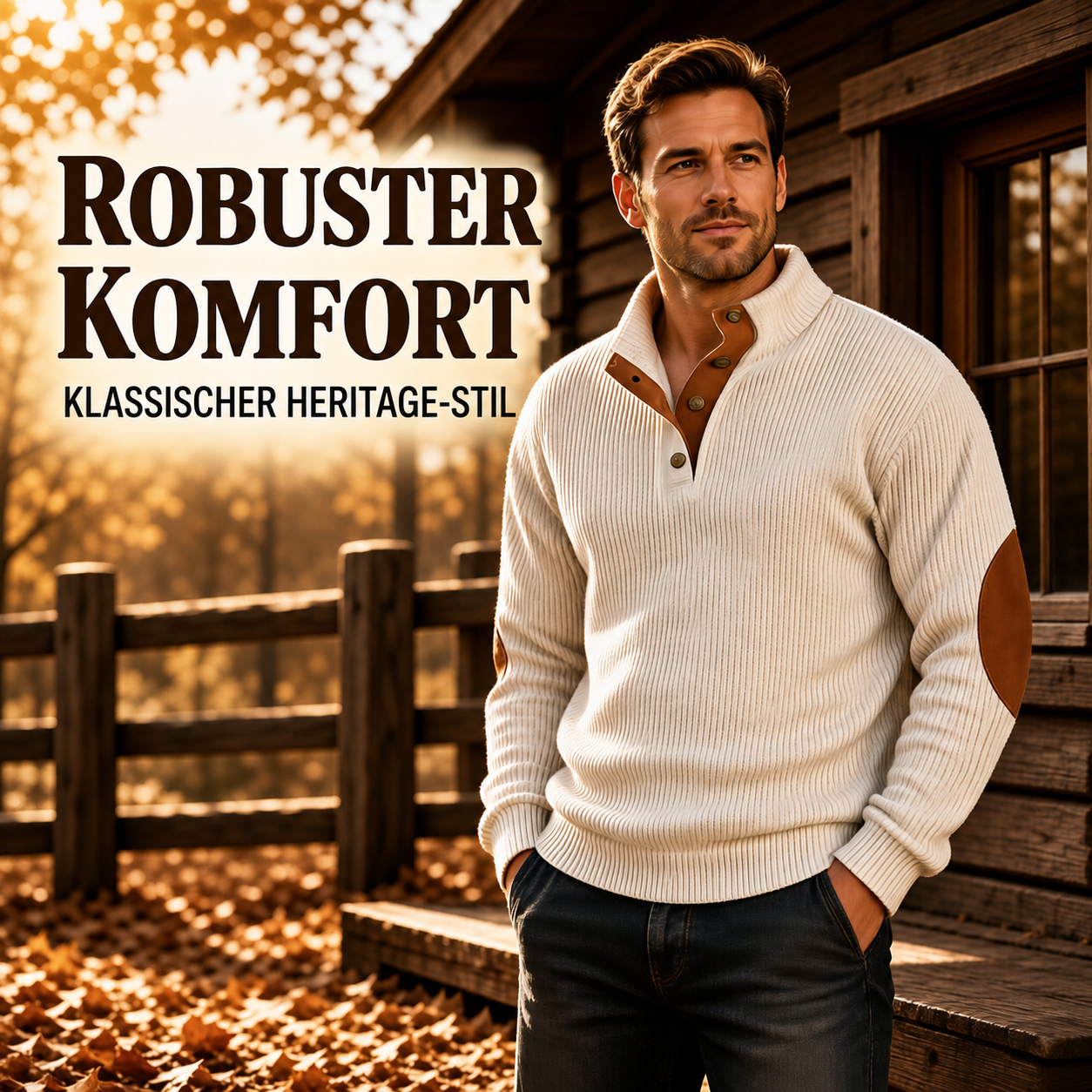 Cremeweißer Herrenpullover mit robustem Komfort im Herbstlook