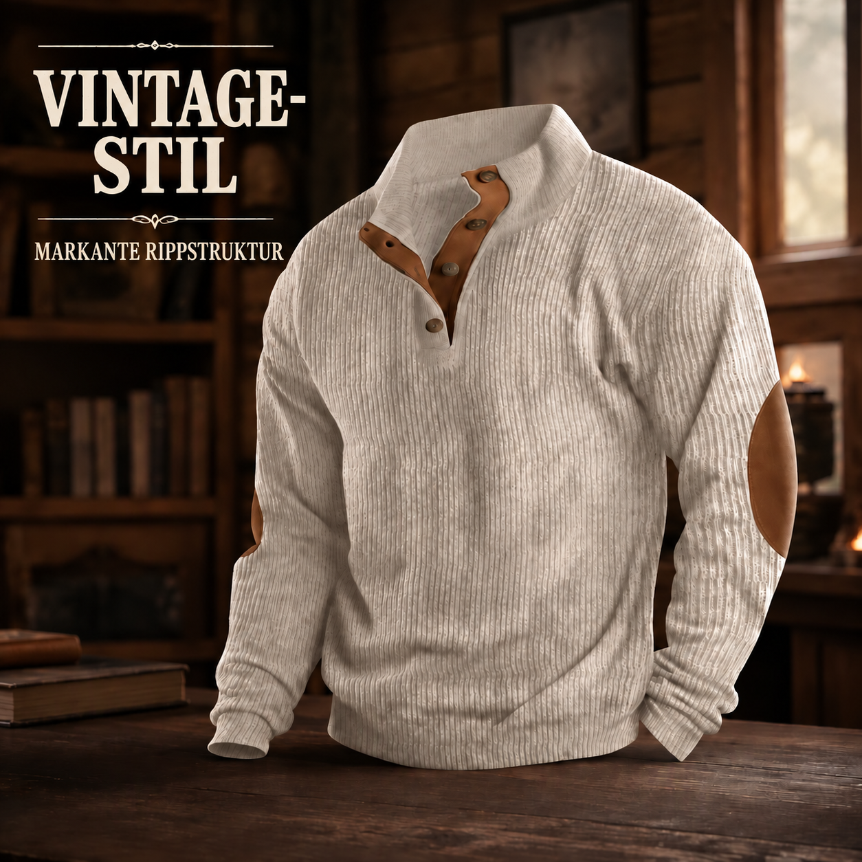 Cremeweißer Herrenpullover im Vintage-Stil mit markanter Rippstruktur