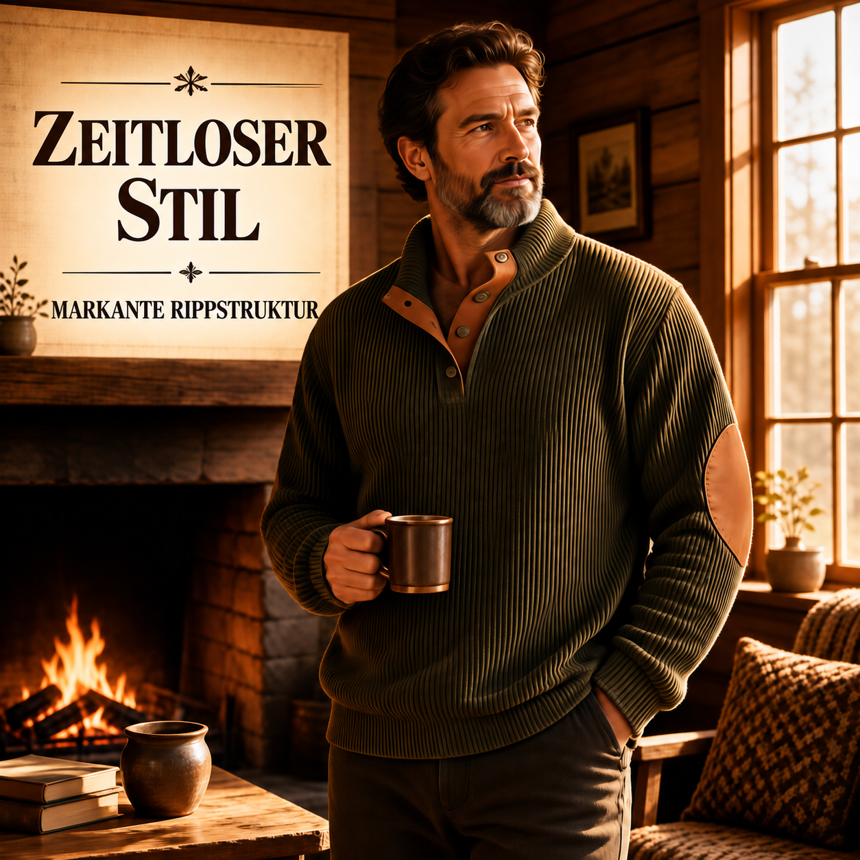 Olivgrüner Herrenpullover mit zeitlosem Stil und markanter Rippstruktur