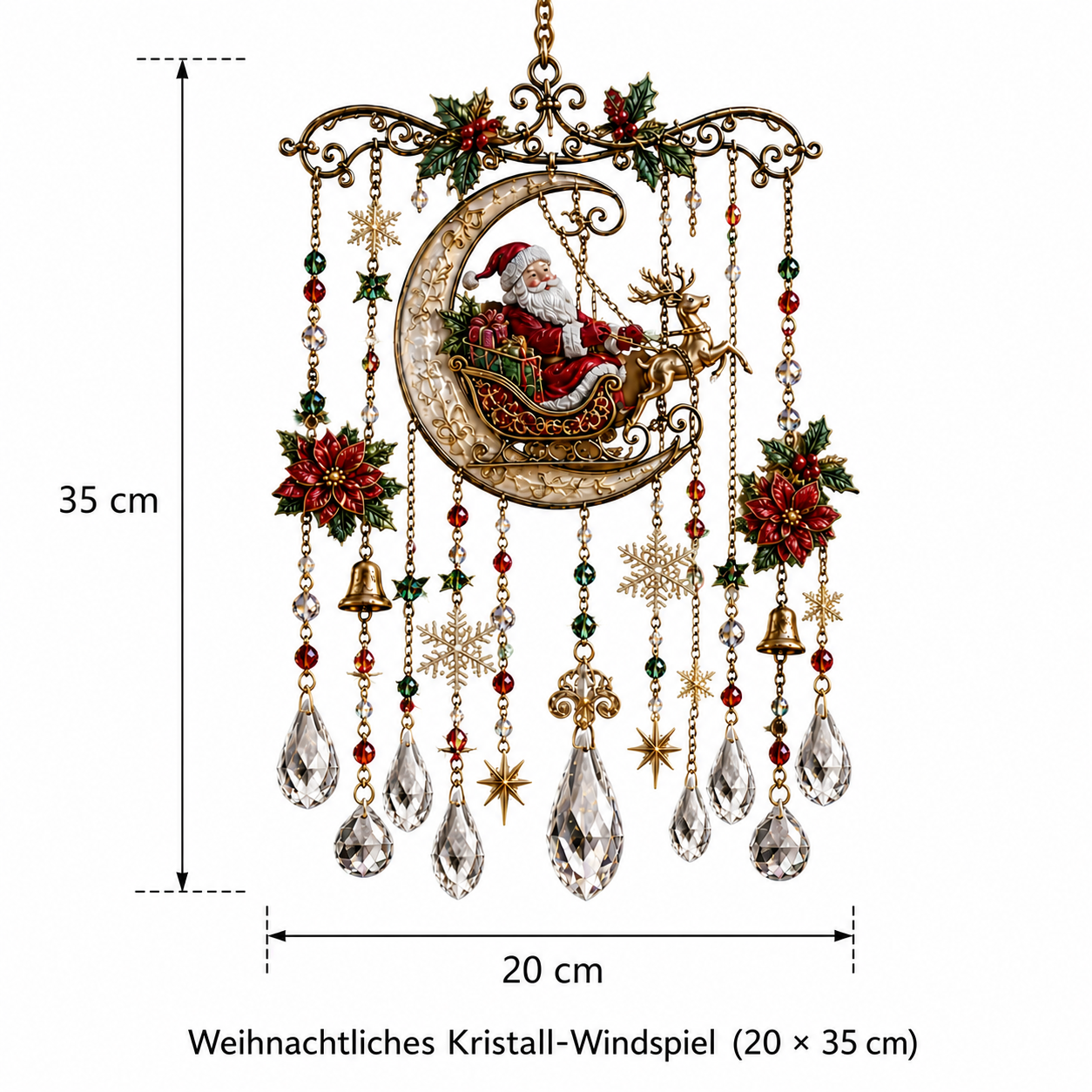Abmessungen des weihnachtlichen Kristall-Windspiels: 20 &times; 35 cm