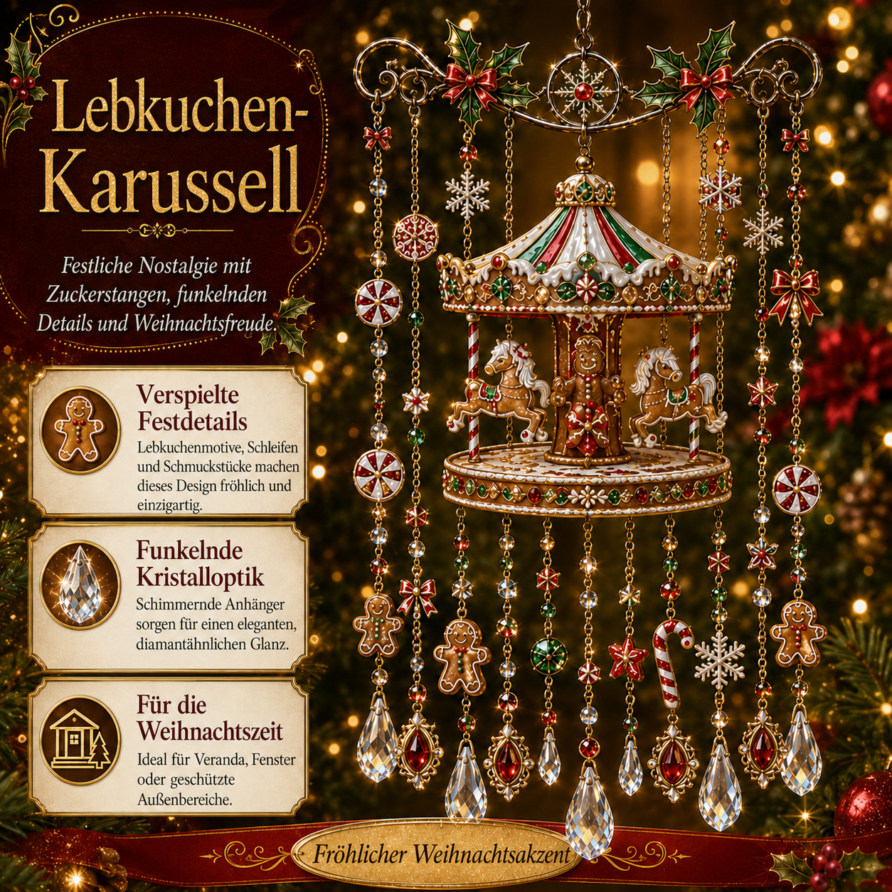 Lebkuchen-Karussell mit festlichen Details und Kristalloptik