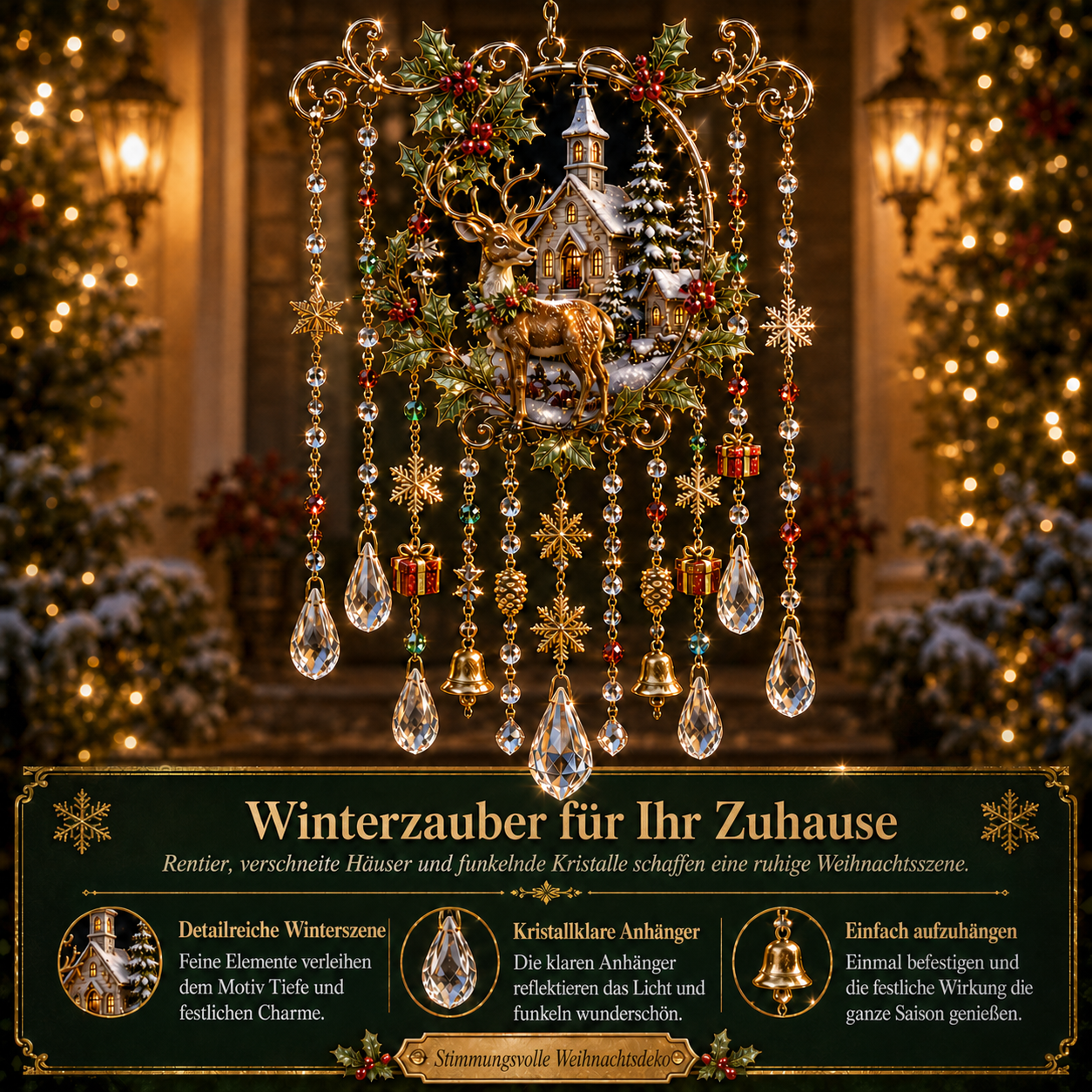 Winterliche Szene mit Rentier, Kirche und funkelnden Anh&auml;ngern